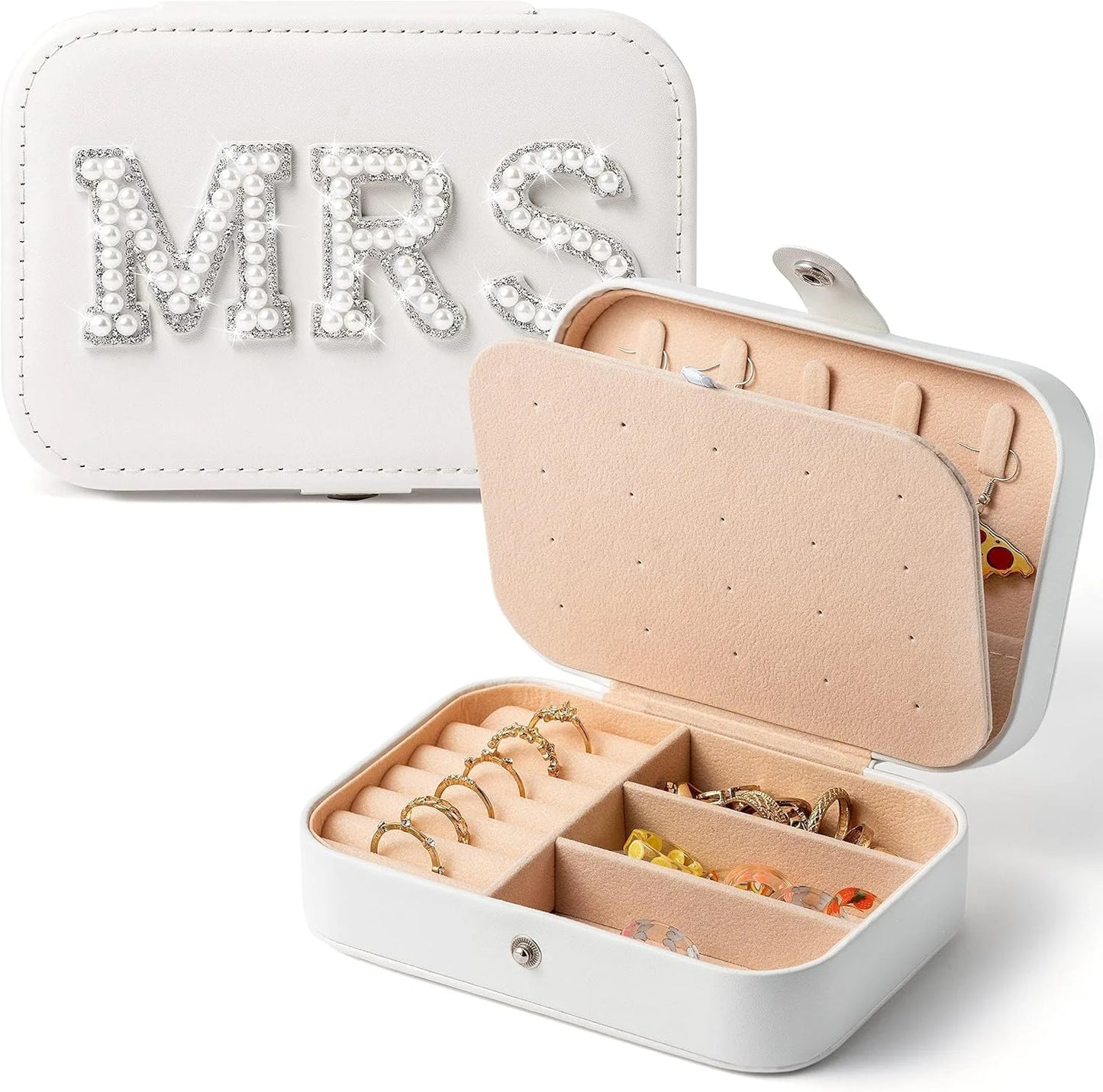 Jewelry case with 'MRS' on the lid, open to show jewelry inside.