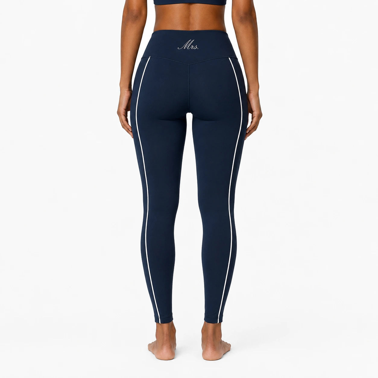 Navy 'Mrs' bridal leggings with white stripes on a white background