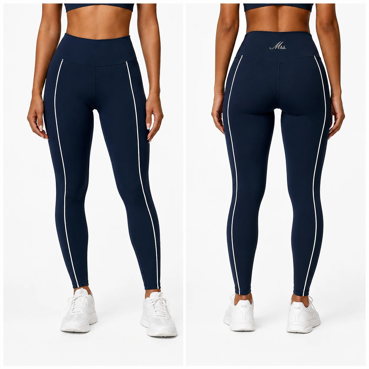 Navy leggings with white 'Mrs.' accents worn by a person on a white background