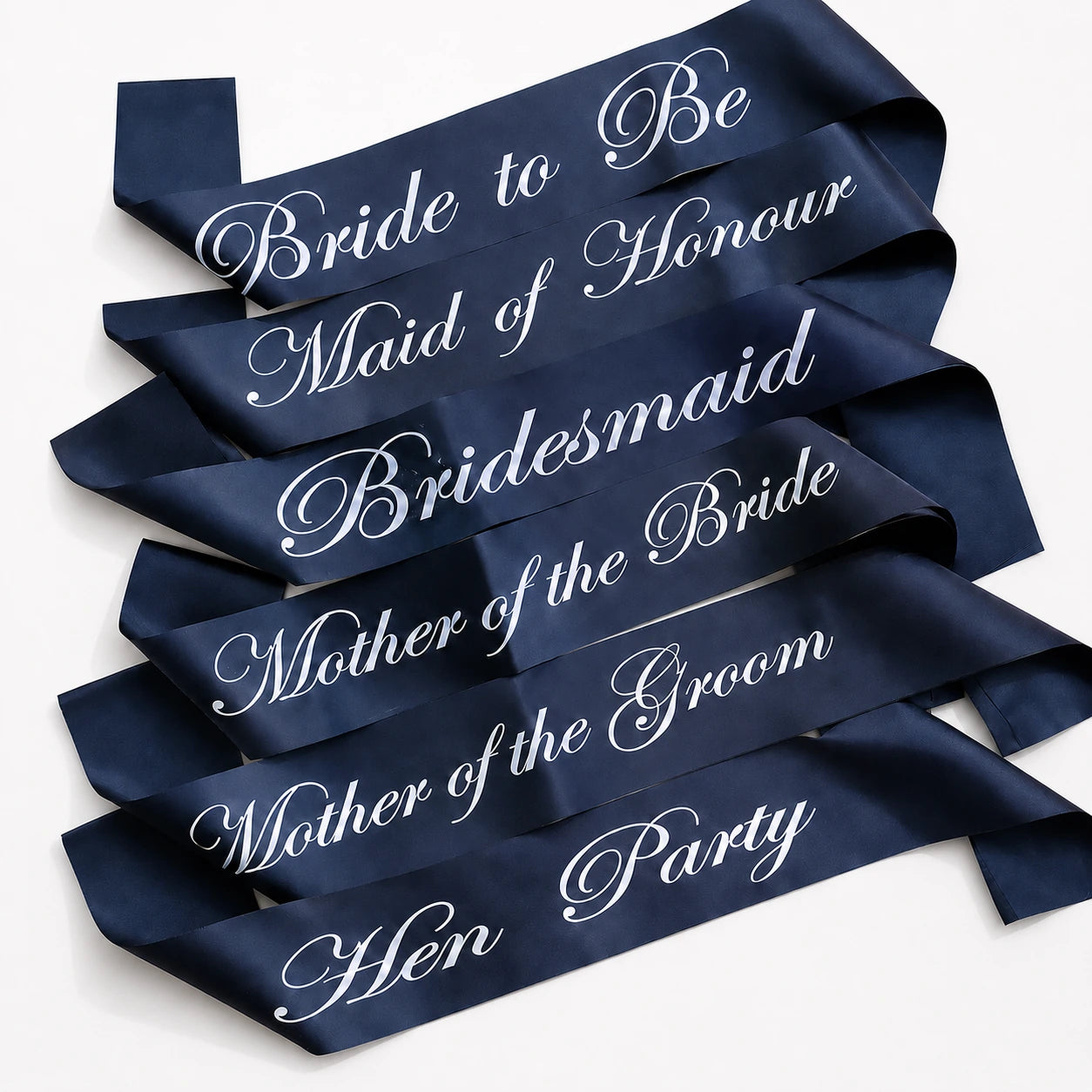 Navy blue sashes with white text for wedding roles on a white background