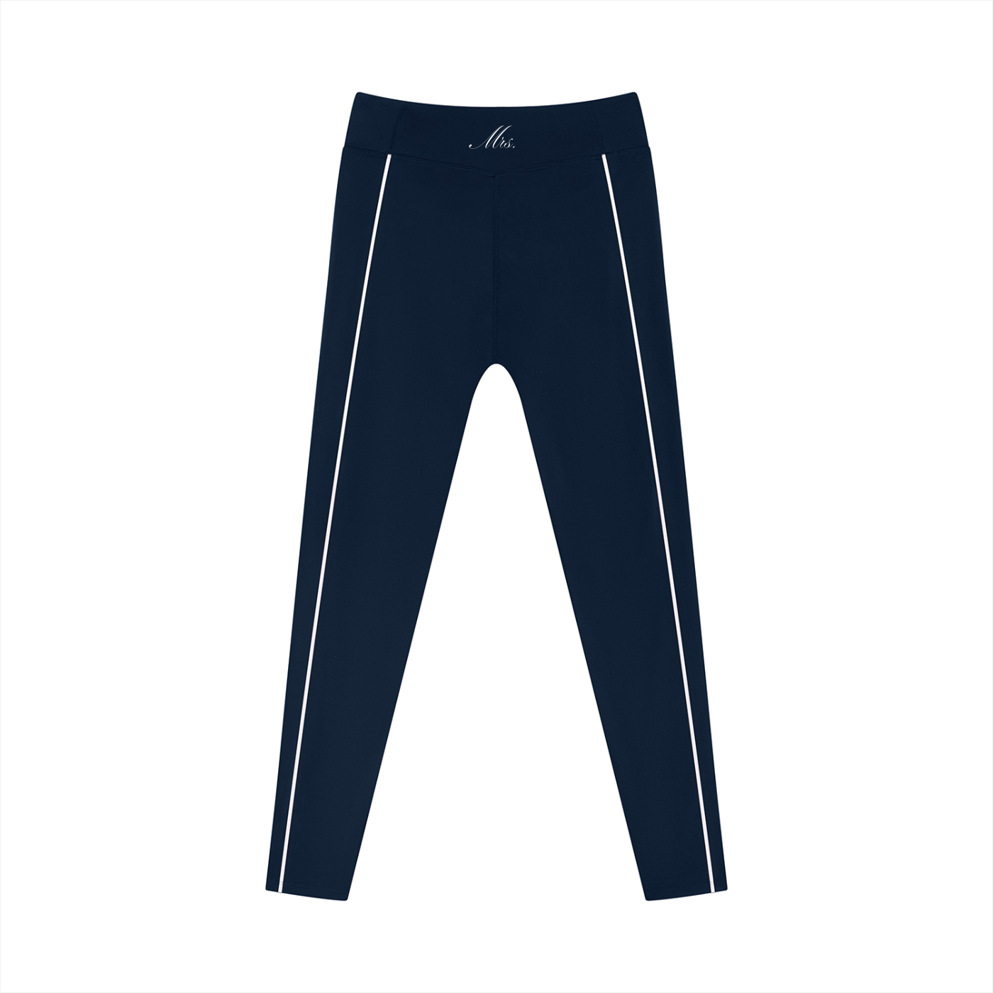 Navy 'Mrs.' leggings with white stripes on a white background