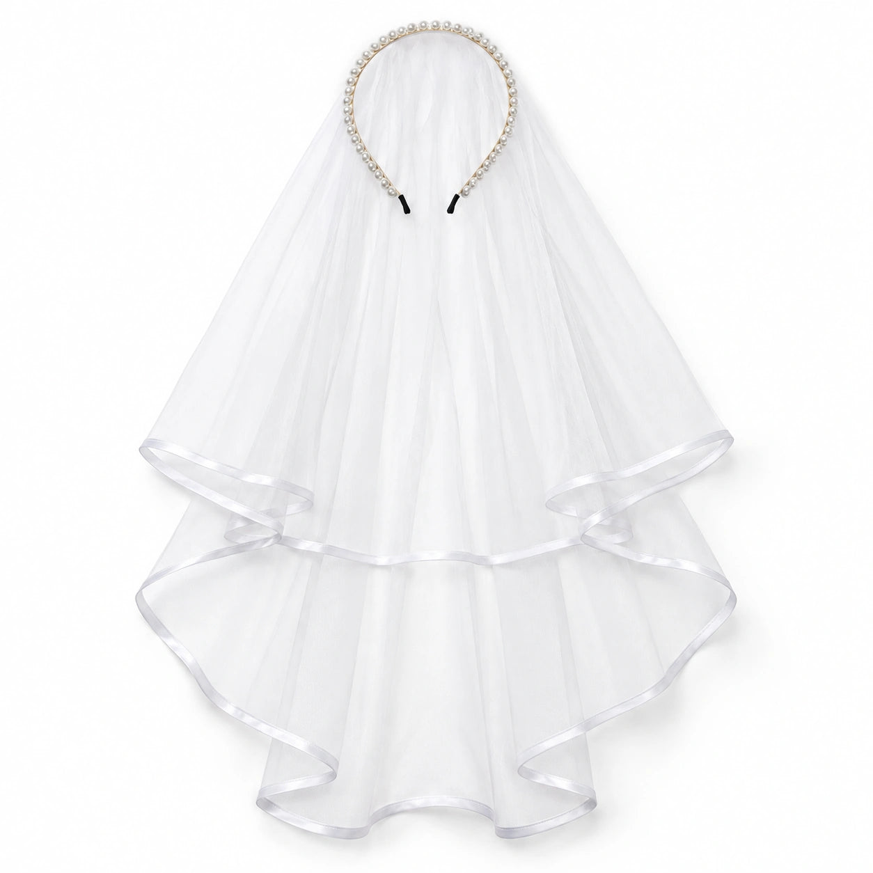 A white tulle bridal veil with a double-layered ruffled hem and a pearl-embellished headband, displayed against a solid white background.