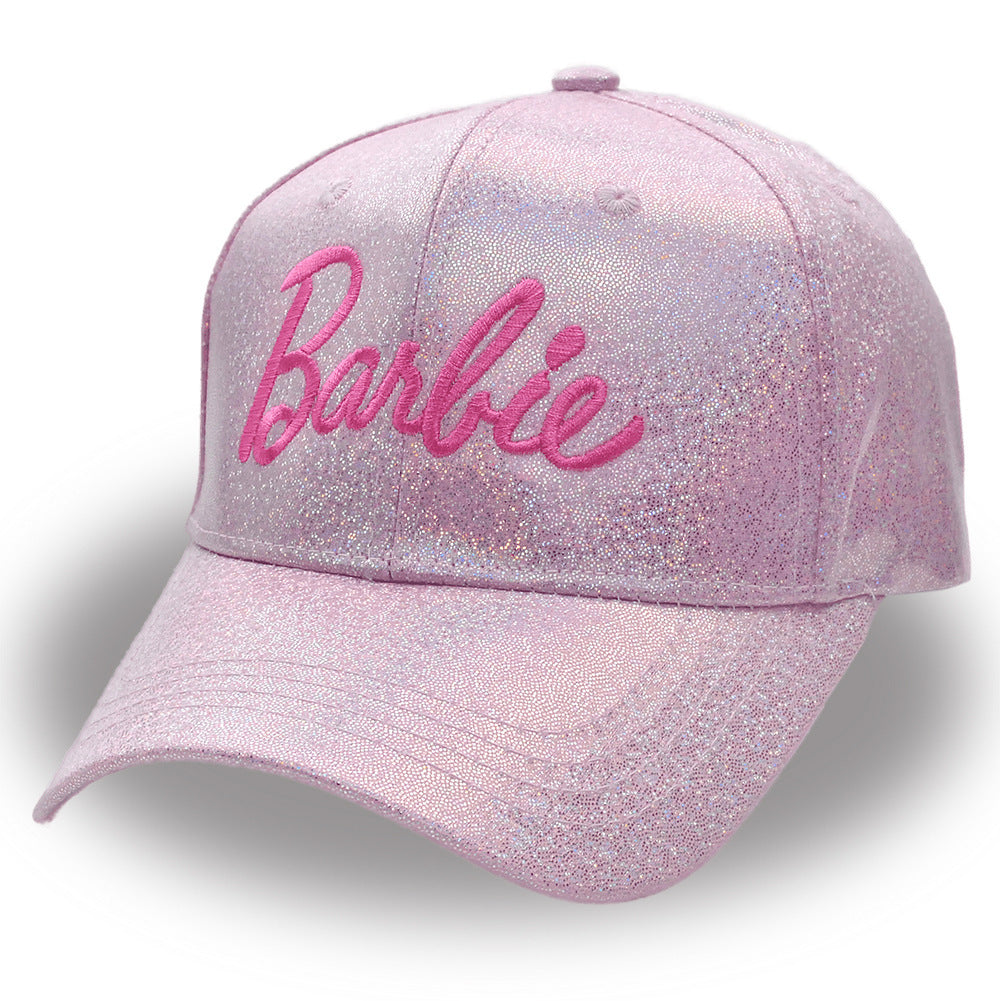 Pink glittery cap with 'Barbie' text on a white background