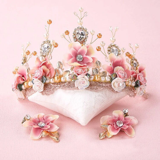 Handmade Pink Floral Bridal Tiara and Matching Earrings Set