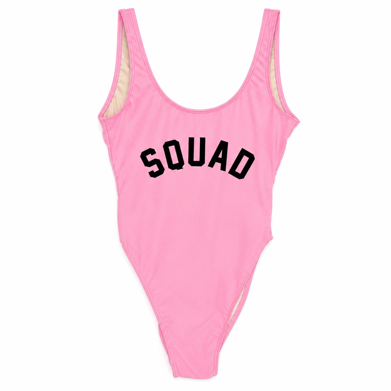 A pink one-piece swimsuit with the word 'SQUAD' printed across the chest in black varsity-style lettering, shown against a plain white background.