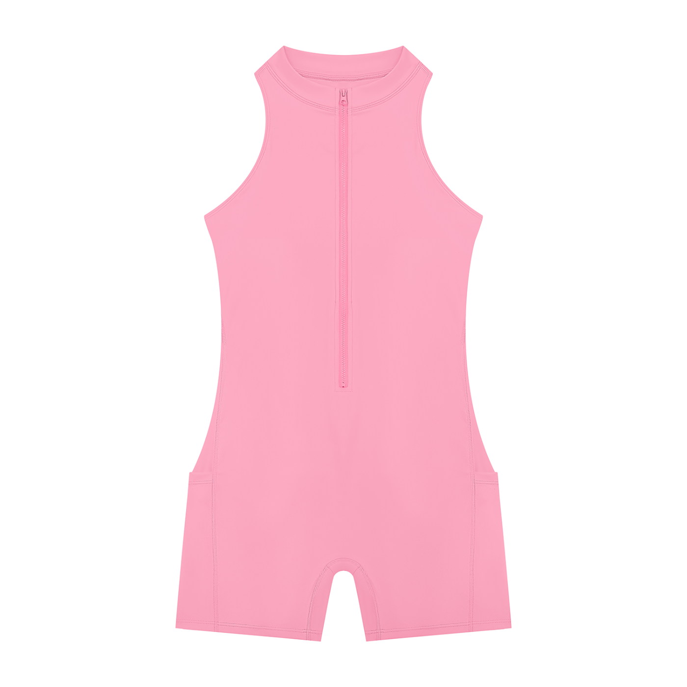 A pink sleeveless one-piece romper with a front zipper and split leg design, shown flat against a white background.