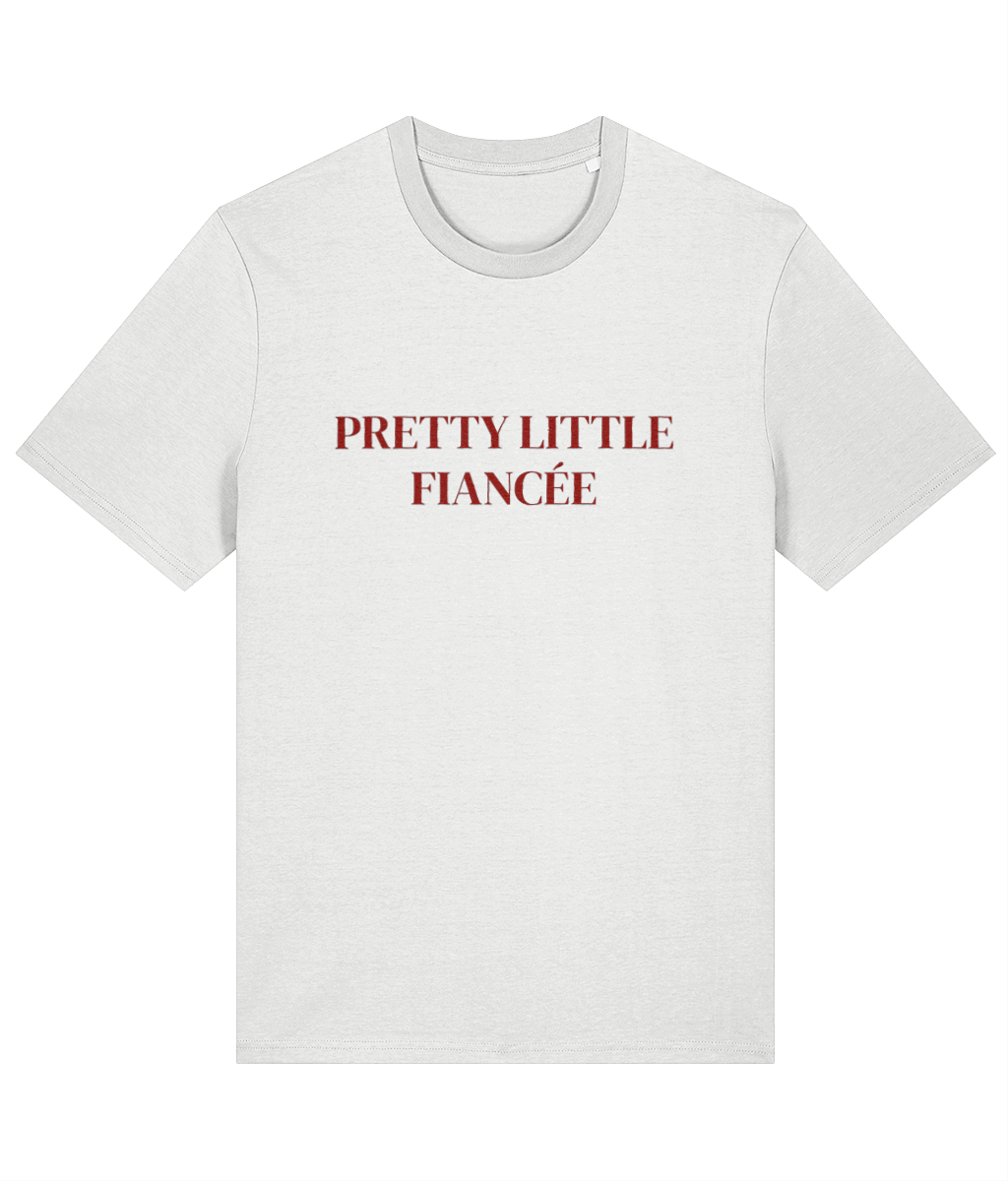 White t-shirt with 'Pretty Little Fiancée' text in red on a white background