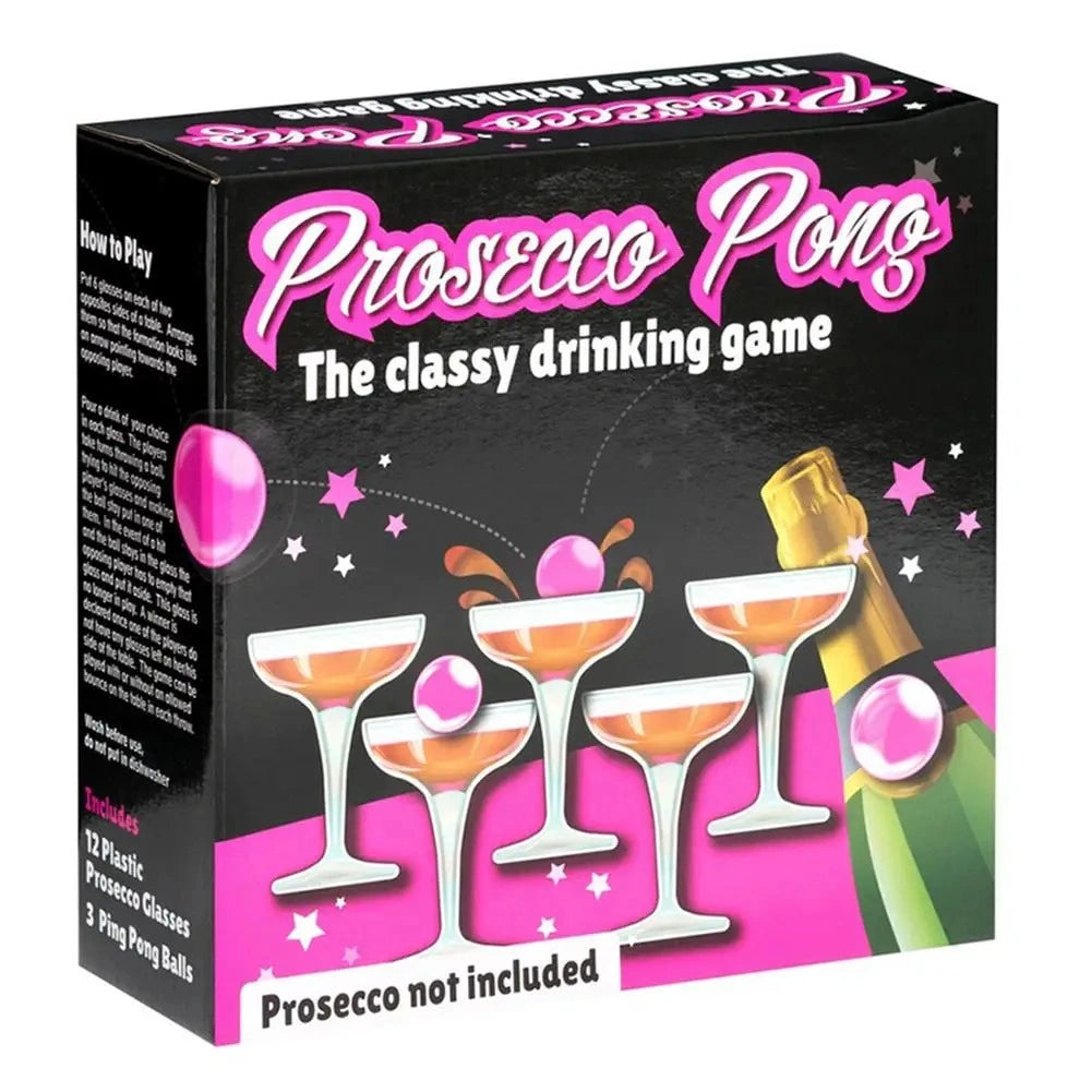A boxed party game called 'Prosecco Pong' shown on a plain white background. The box is black with large pink and white title text, illustrations of cocktail glasses with pink balls, a green bottle, stars, and the text 'The classy drinking game' and 'Prosecco not included'.