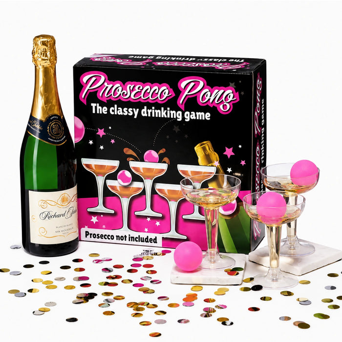 Prosecco Pong drinking game with champagne-style glasses, pink ping pong balls and party confetti for hen parties.