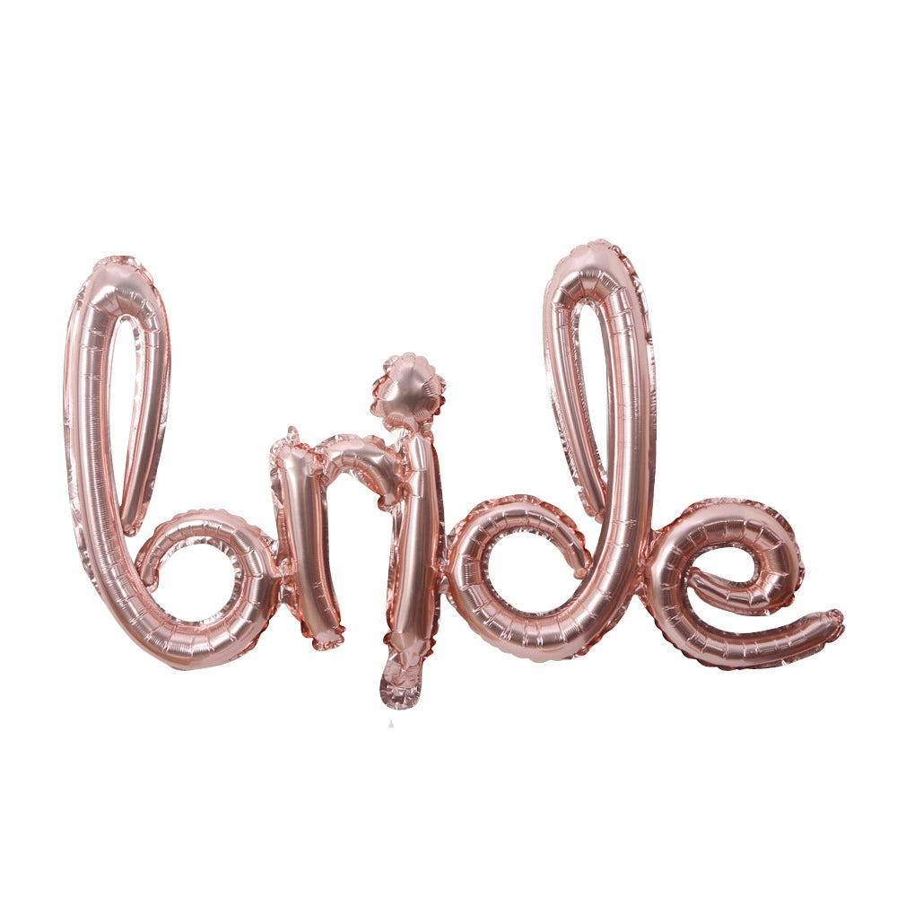 Rose gold 'bride' balloon on a white background