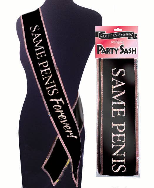 Black sash with 'Same Penis Forever!' text on a mannequin and in packaging.