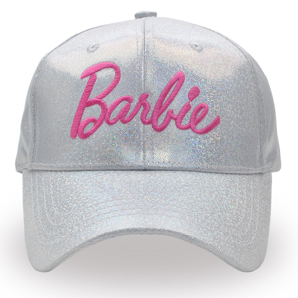 Silver glitter cap with pink 'Barbie' text on a white background