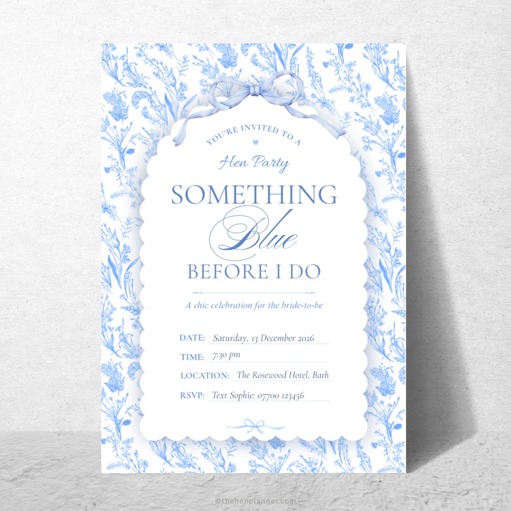 Hen party editable invitation card with blue floral design on a white background