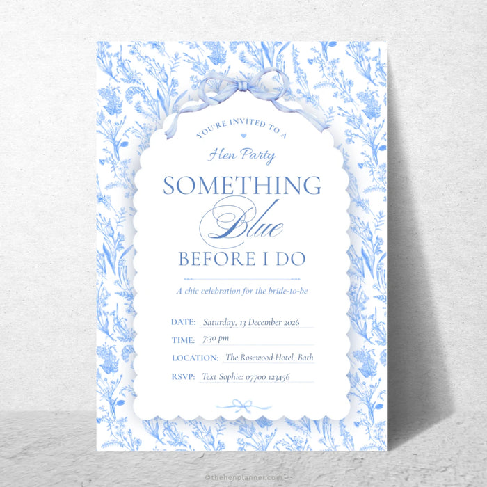 Hen party editable invitation card with blue floral design on a white background