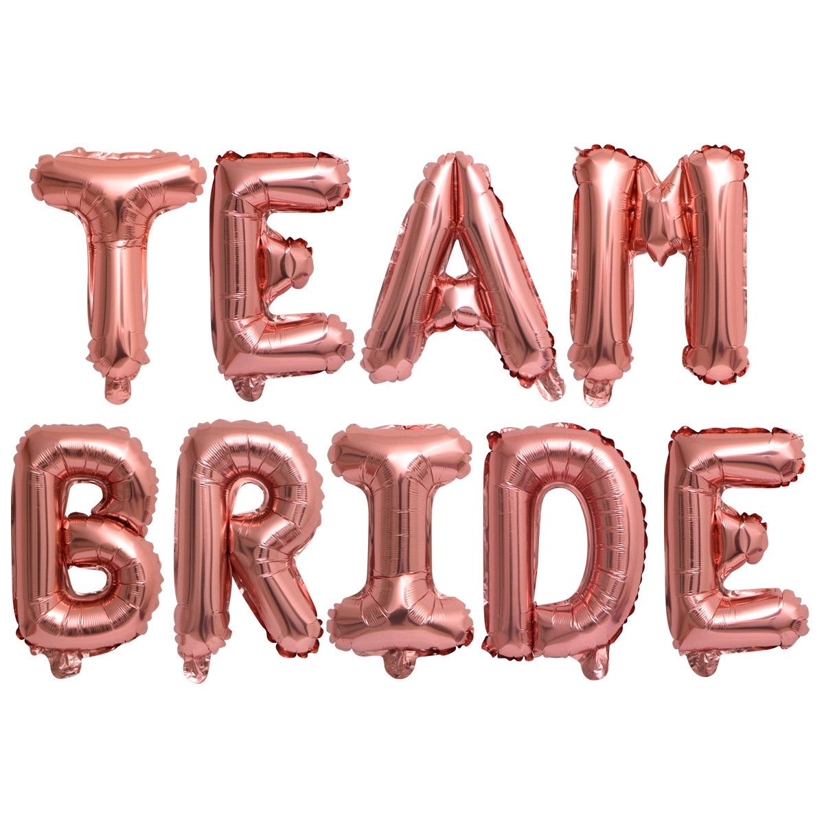 Rose gold 'TEAM BRIDE' balloon letters on a white background