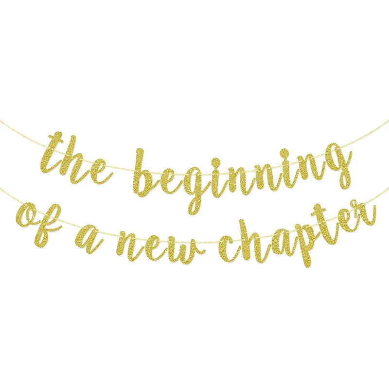 Gold glitter banner with 'the beginning of a new chapter' text on a white background