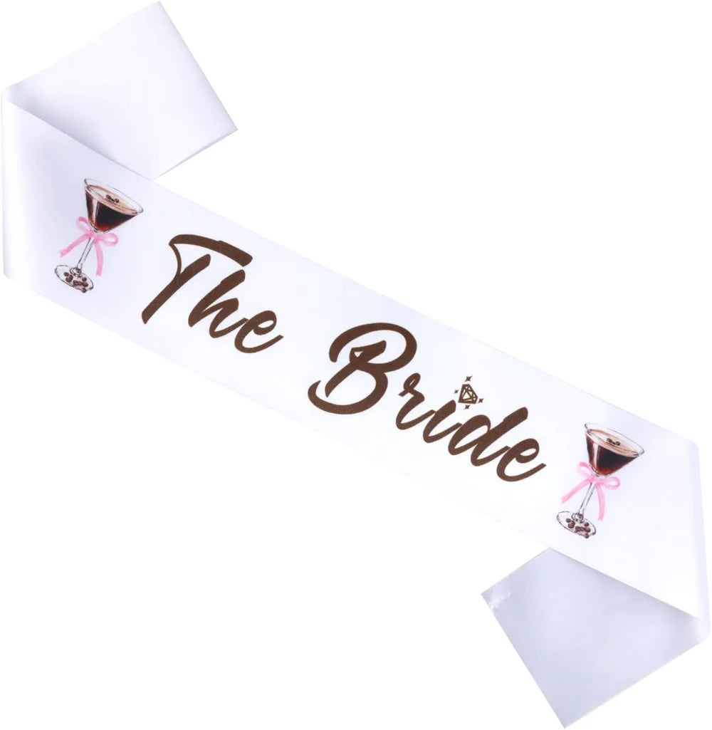 White sash with 'The Bride' text and cocktail graphics on a white background