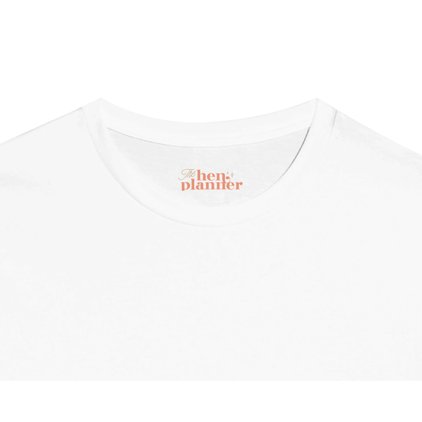 White t-shirt with The Hen Planner logo on a white background