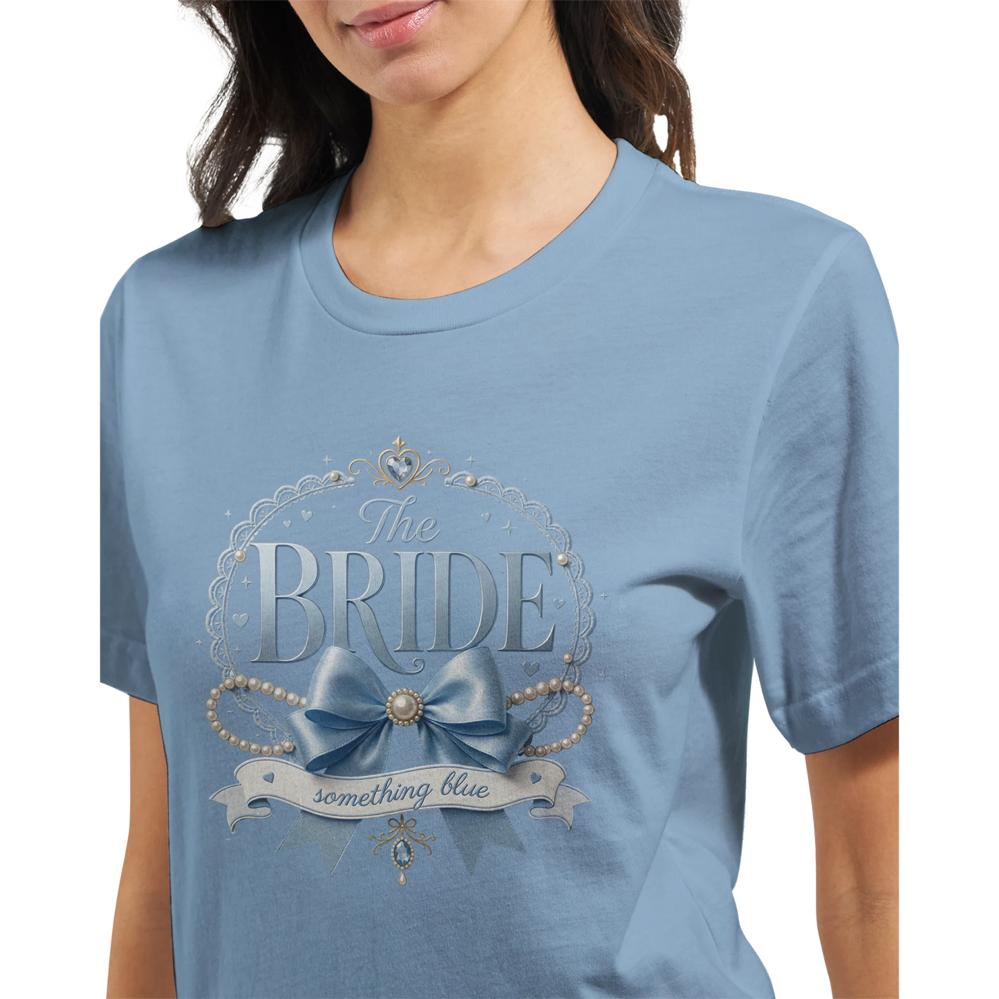 Baby blue t-shirt with 'The Bride Something Blue' design on a white background