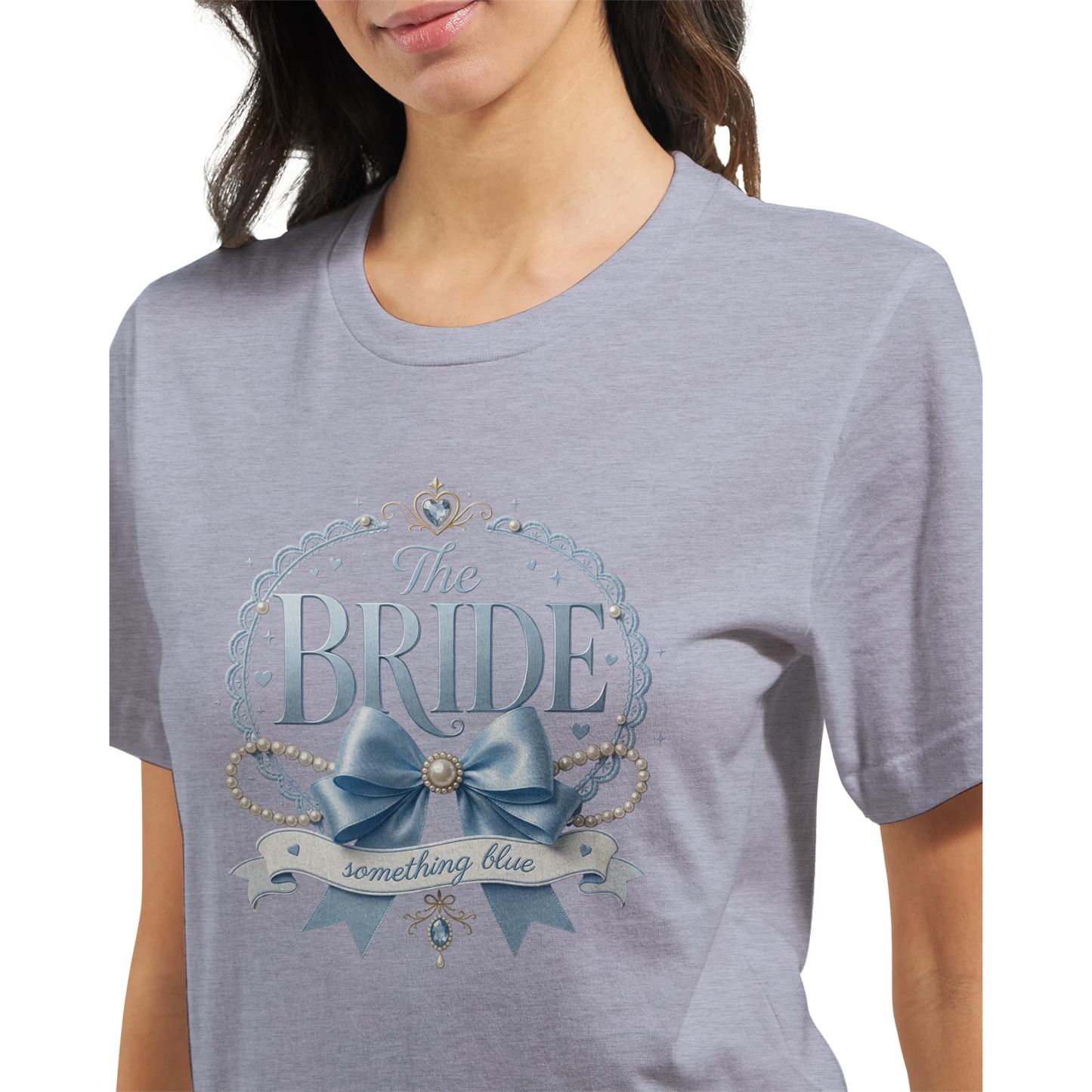 Heather blue t-shirt with 'The Bride Something Blue' design on a white background