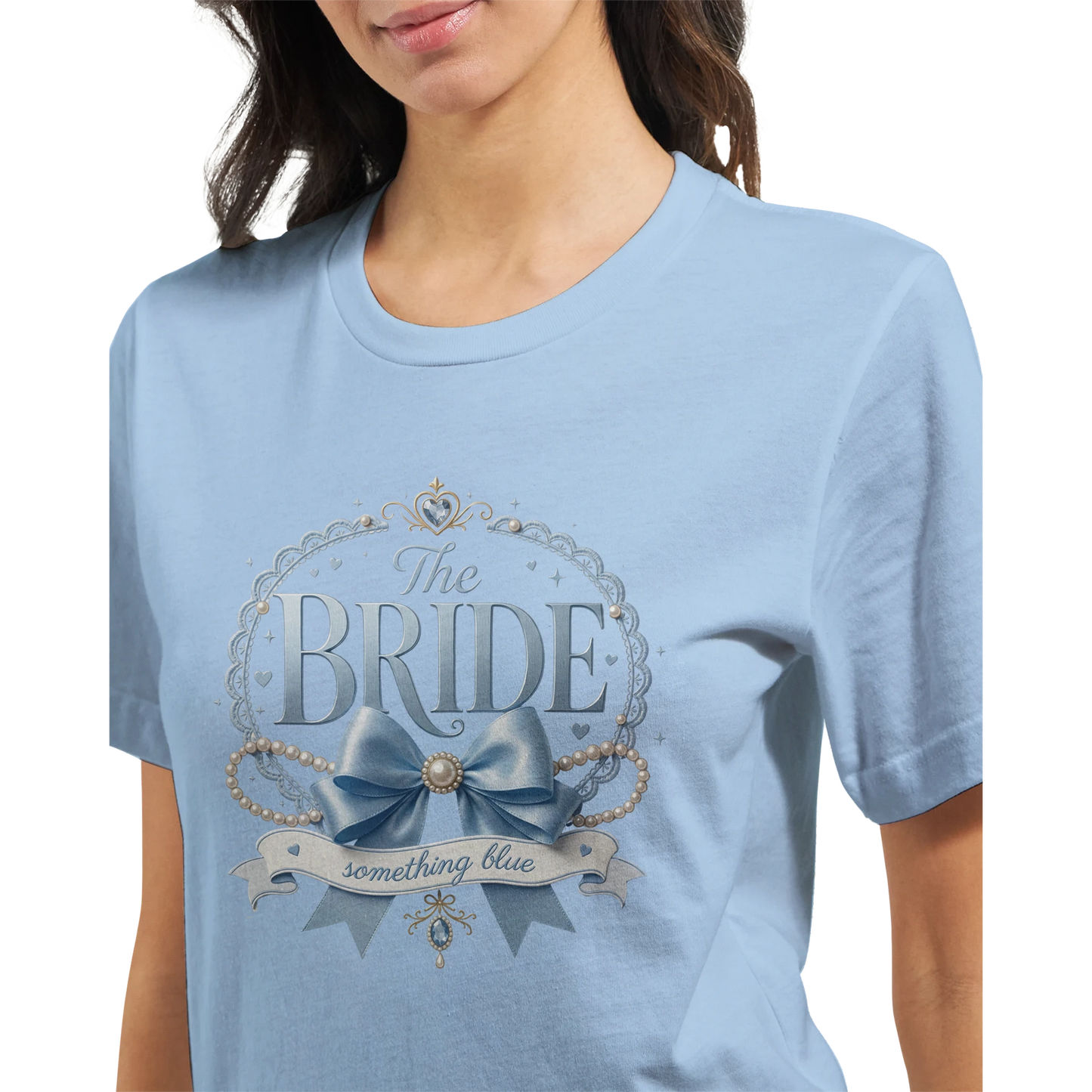 Light blue t-shirt with 'The Bride Something Blue' design on a white background