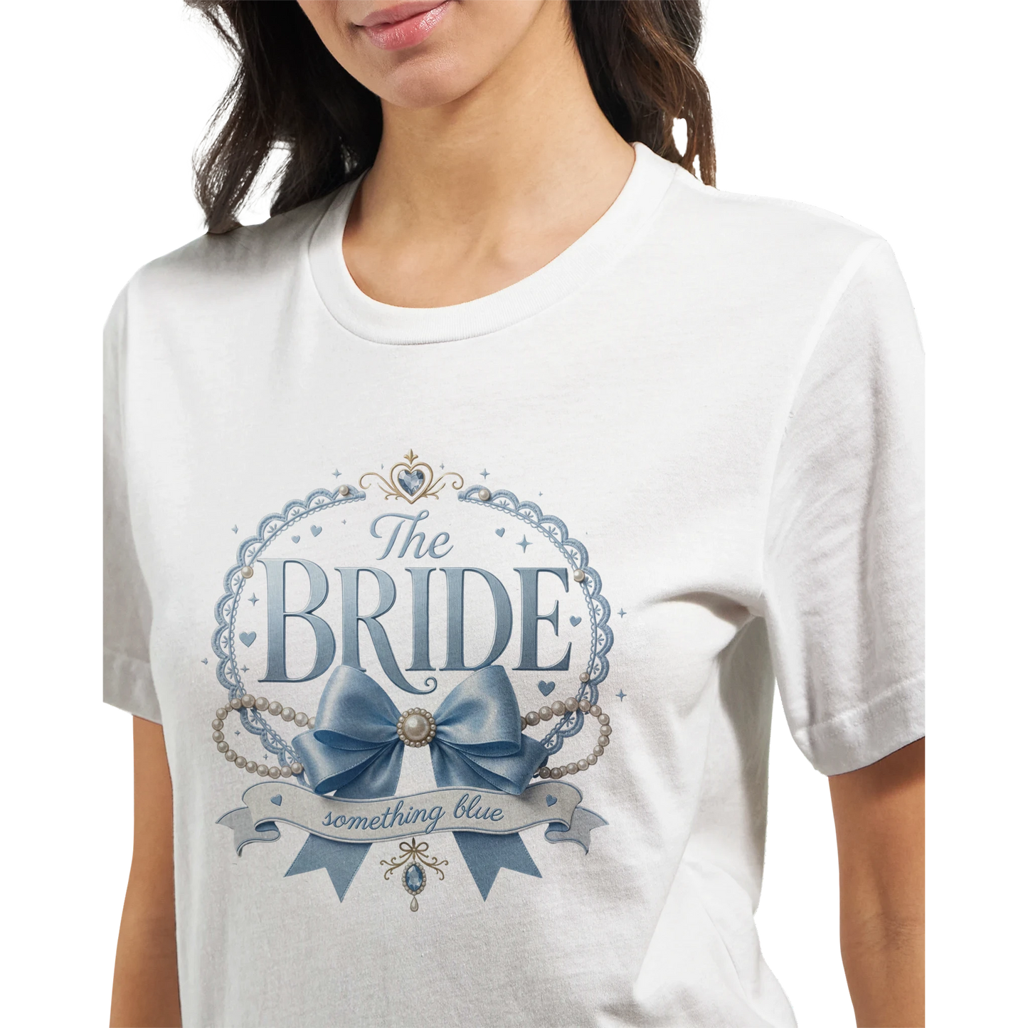 White t-shirt with 'The Bride something blue' design on a white background