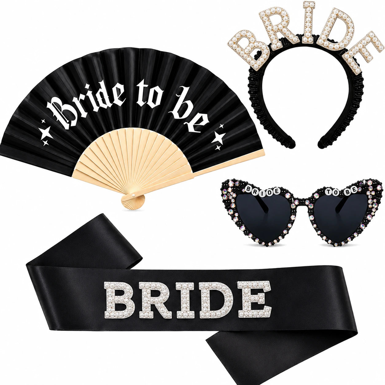Bride shower accessory set featuring a black folding fan with 'Bride to be' text, a black headband with rhinestone 'BRIDE' lettering, black sunglasses with rhinestone frames, and a black satin sash with rhinestone 'BRIDE' lettering, all on a white background.