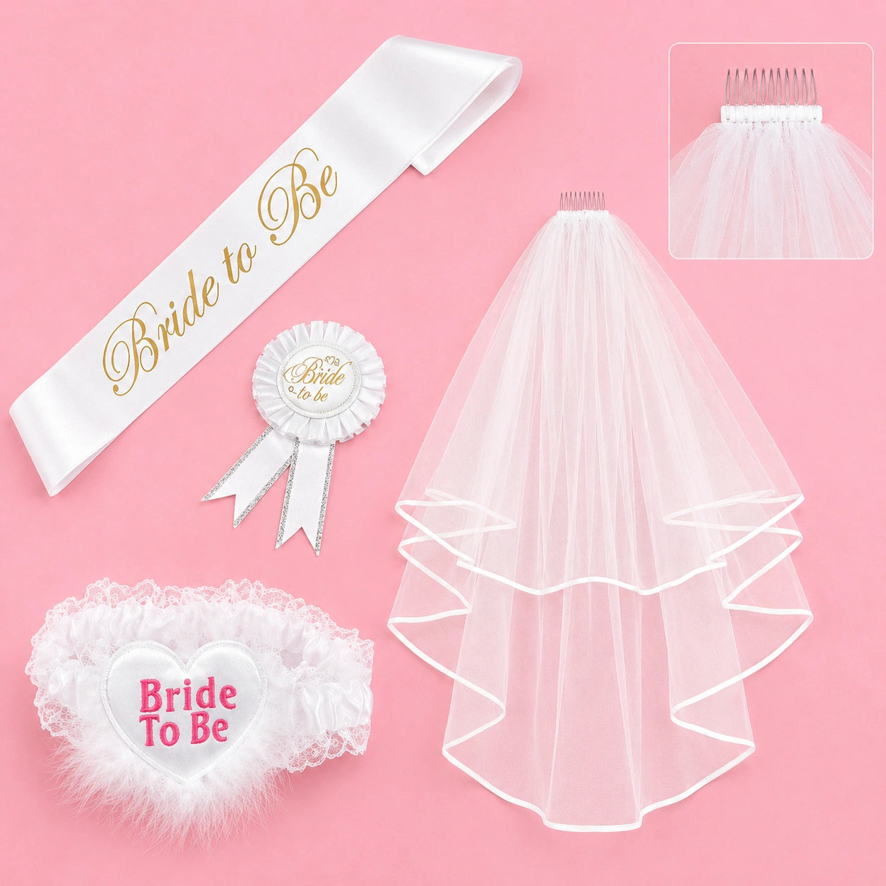 Bride to Be bridal accessory set on a pink background, including a white veil with a built-in hair clip, a white sash with gold script reading 'Bride to Be,' a white rosette, and a white feather-trimmed garter with a heart patch reading 'Bride To Be.'.
