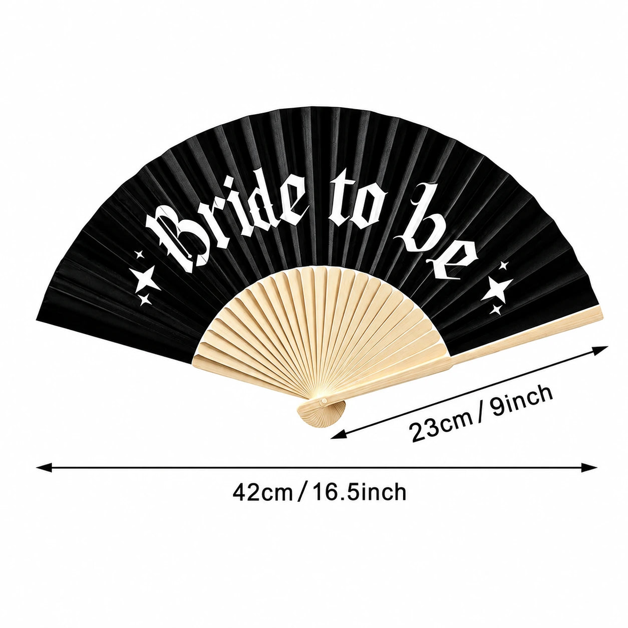 Black folding hand fan with 'Bride to be' printed in white gothic lettering, shown open with dimension arrows indicating 42cm width and 23cm height on a white background.