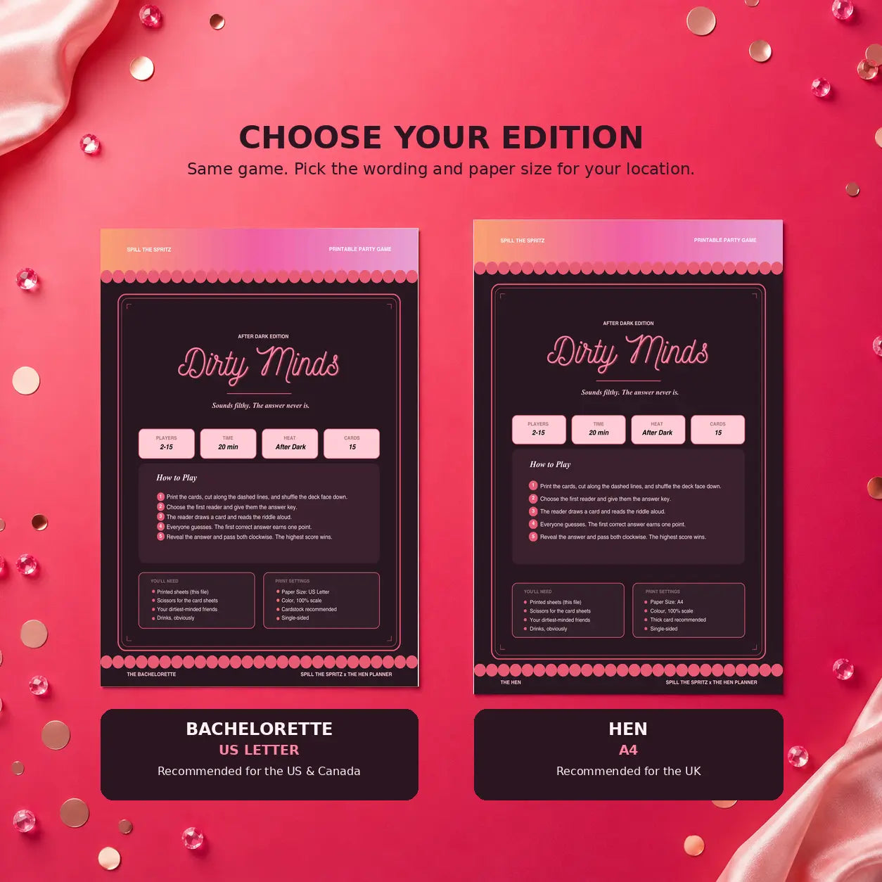 A graphic for a bachelorette game card set titled 'Dirty Minds,' showing two edition options: a US Letter version and an A4 version. 