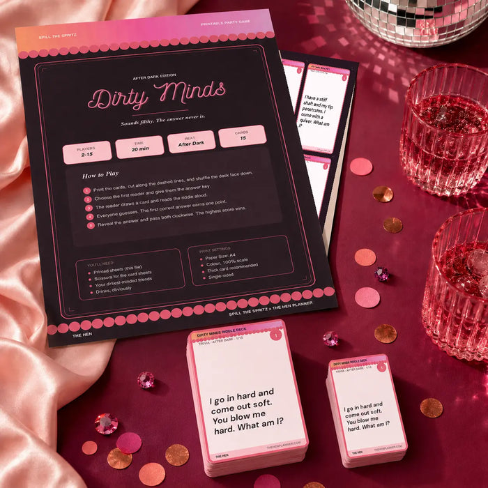 A styled flat-lay of a pink and black card game set titled "Dirty Minds," from The Hen Planner.
