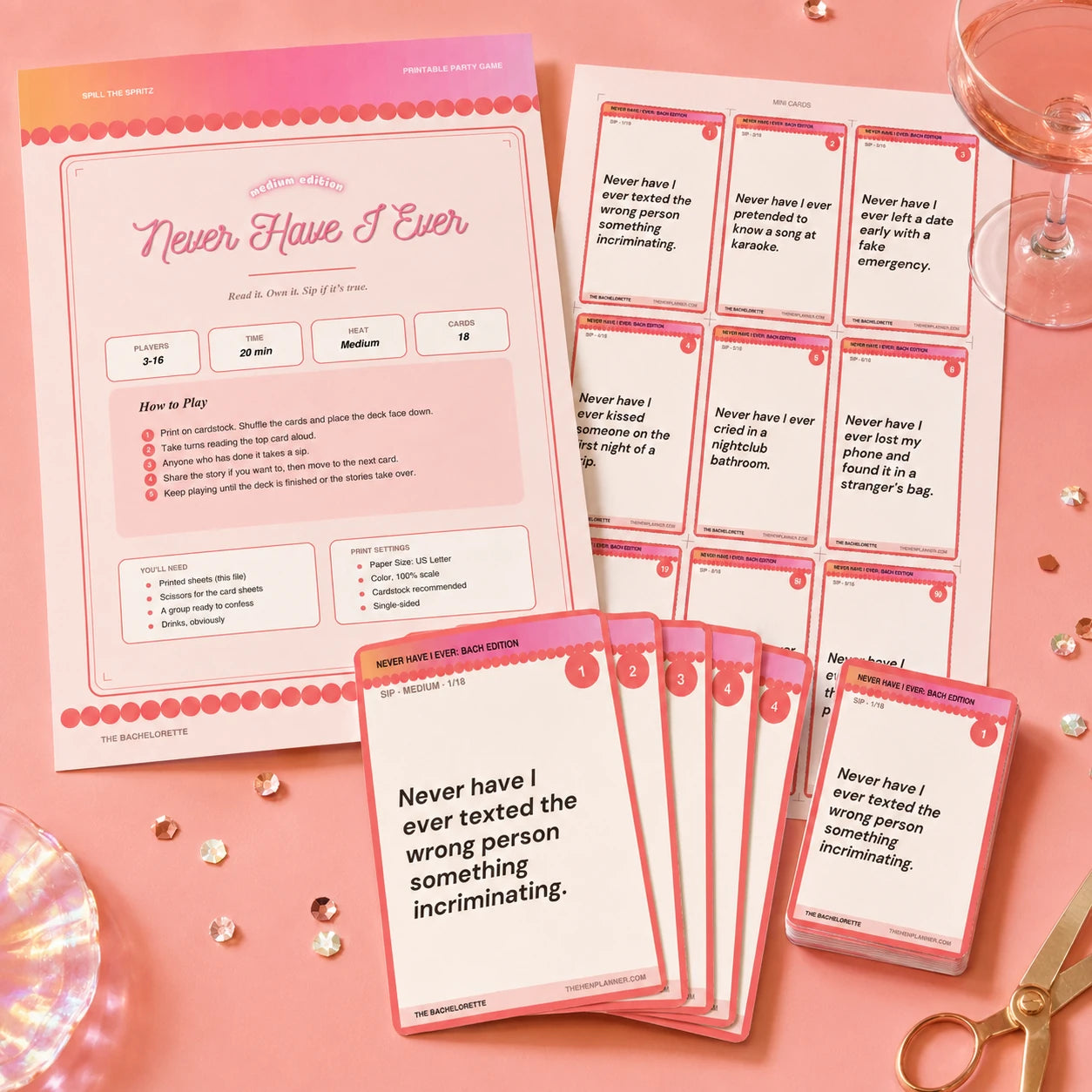 Never Have I Ever Hen & Bachelorette Party Game | Printable Cards