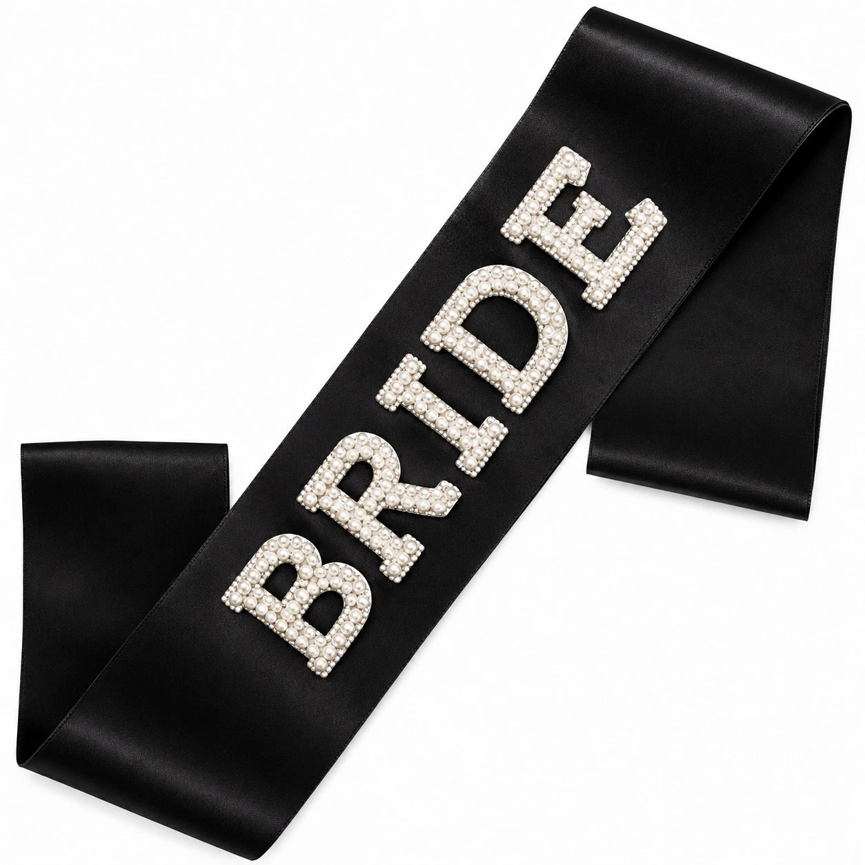 A black satin sash featuring the word 'BRIDE' spelled out in large, rhinestone-encrusted and pearl letters, shown on a plain white background.