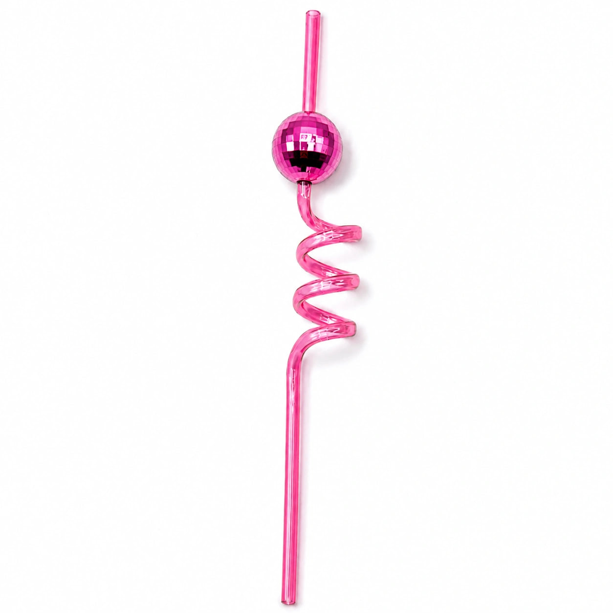 A novelty pink glass straw with a metallic disco ball accent and a spiral coil design, shown on a plain white background.