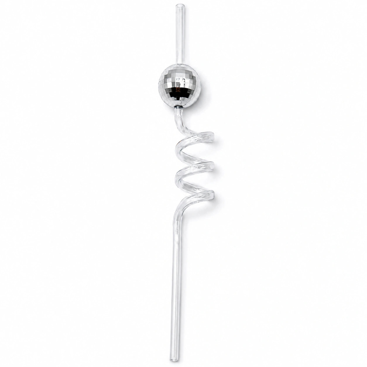 A clear glass cocktail stirrer with a silver metallic ball and a coiled spiral stem, shown on a plain white background.
