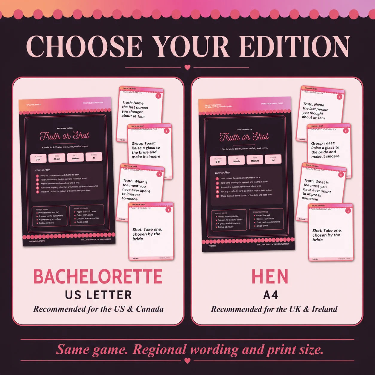 A promotional graphic showing two edition options for a bachelorette game: Bachelorette US Letter and Hen A4. 