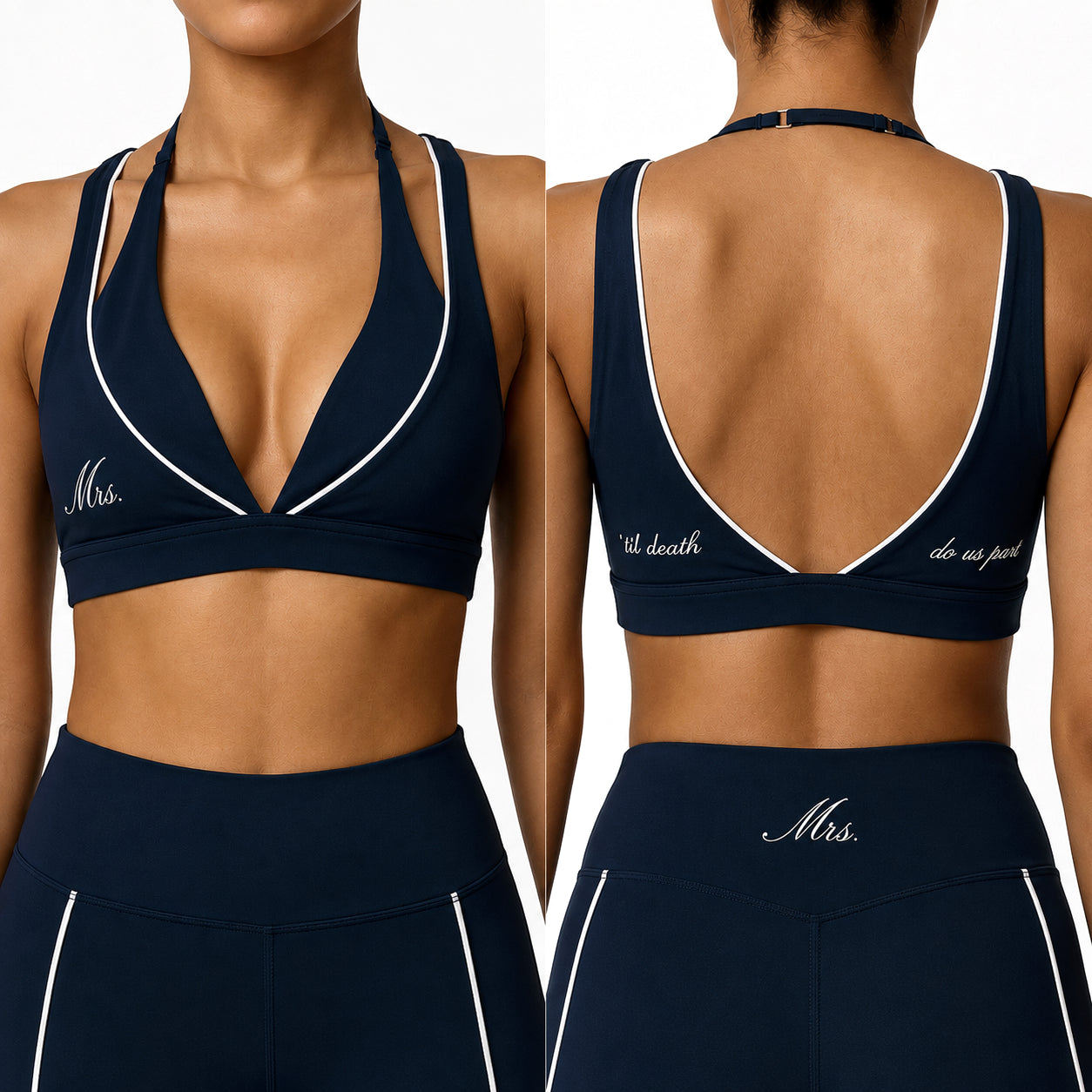 Navy sports bra and leggings with 'Mrs.' text on a white background