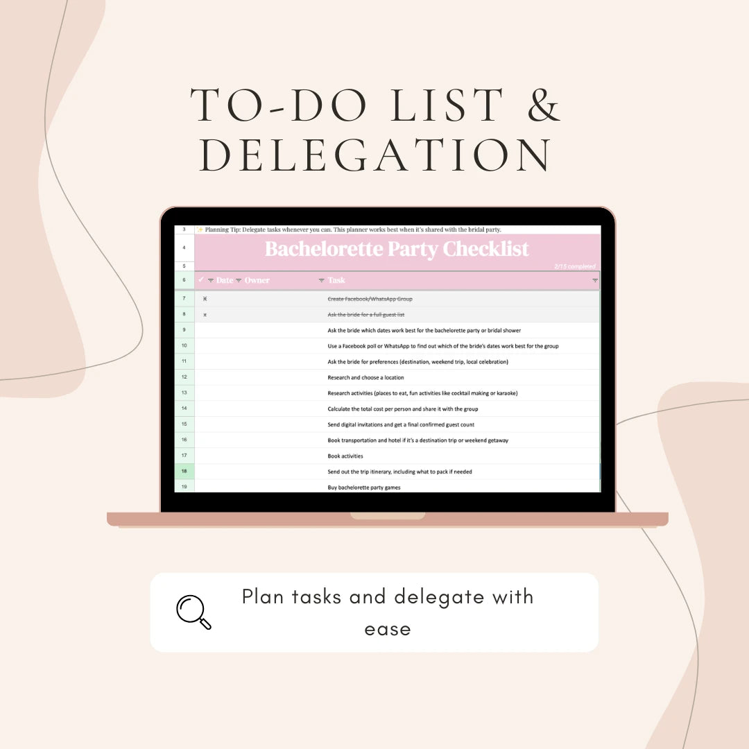 Computer screen displaying a Bachelorette Party Checklist with text 'To-Do List & Delegation' on a light pink background.