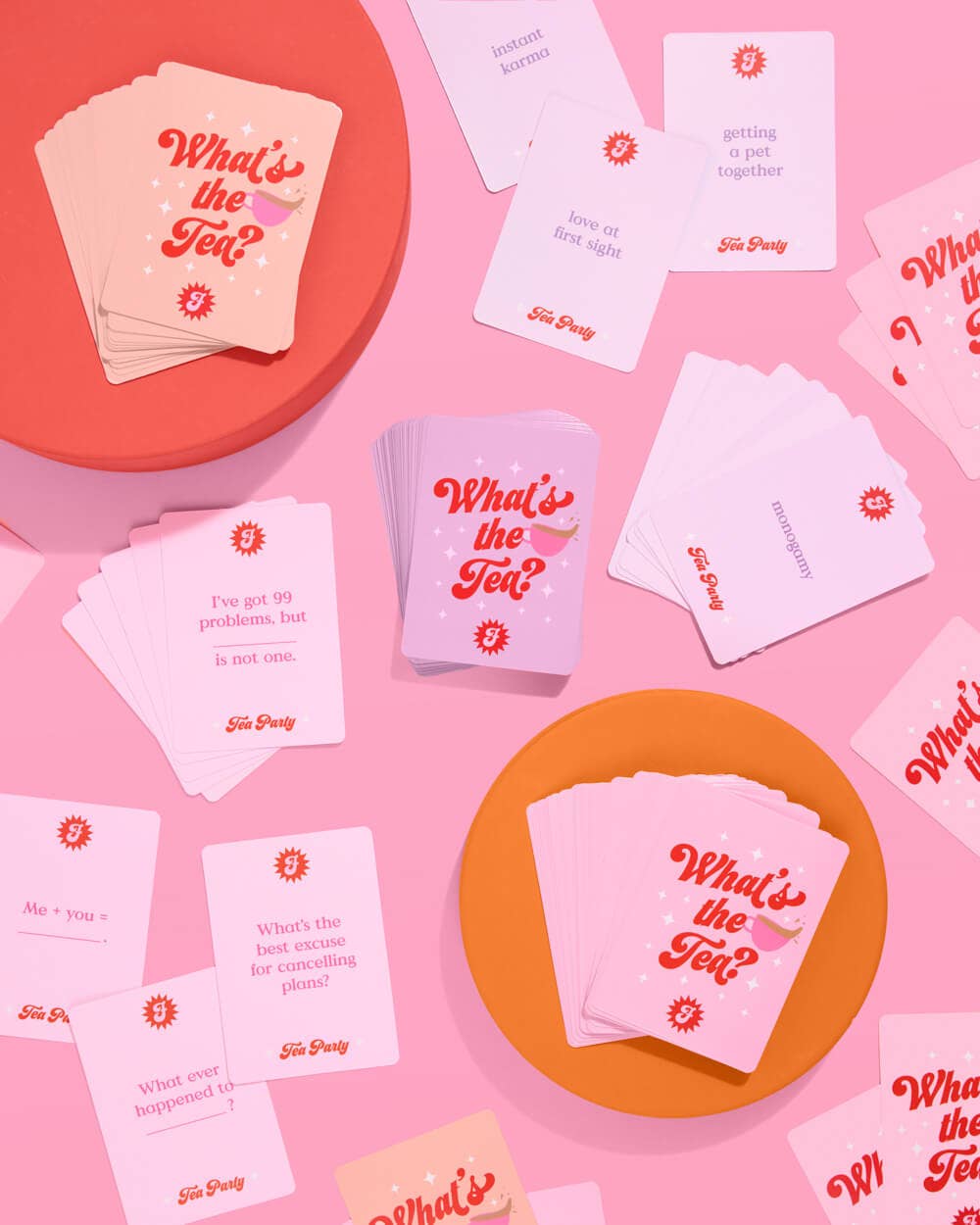 Bachelorette cards with 'What's the Tea?' text on a pink background