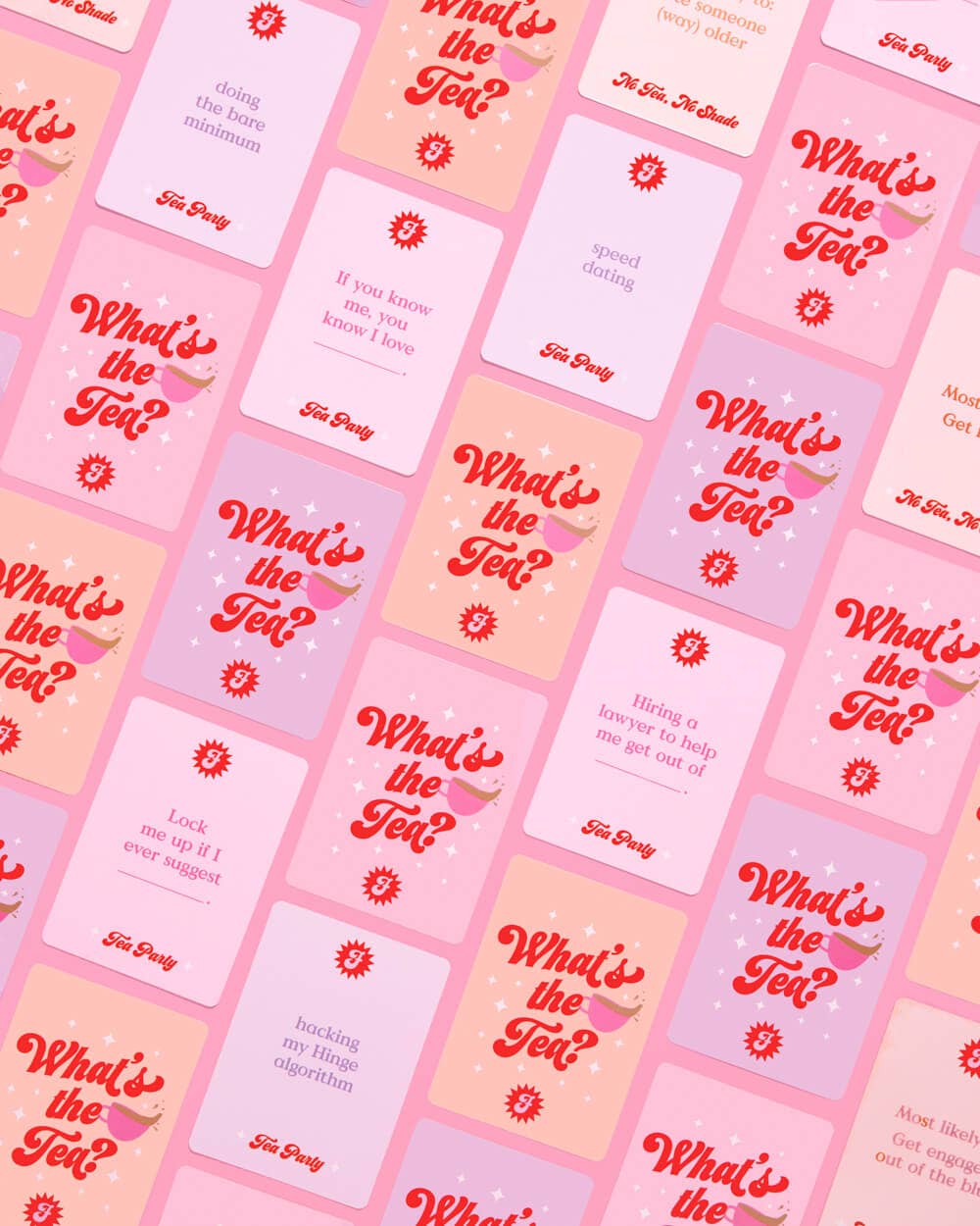 What’s the Tea card game with prompt and answer cards on pink background