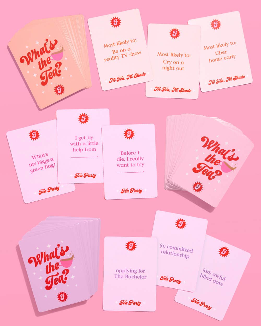 What’s the Tea party card game cards spread out on pink background for bachelorette party and girls night