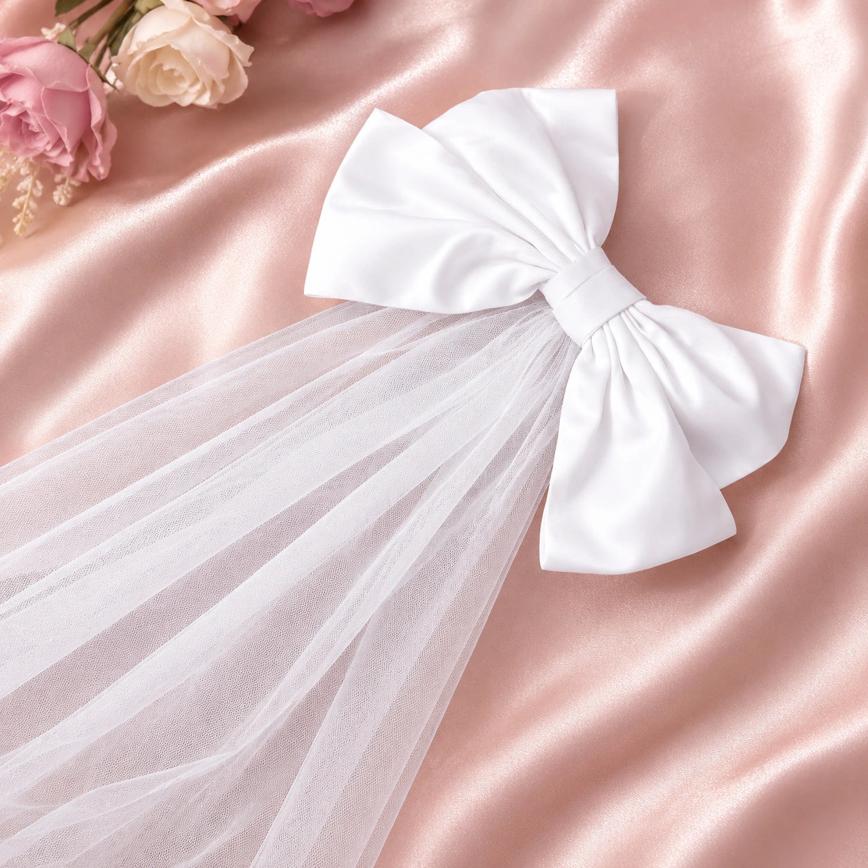 White bow and veil on a sheer fabric with pink flowers in the background