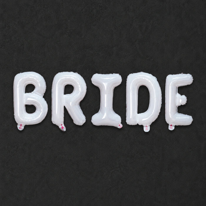Balloon balloons spelling 'BRIDE' on a black background