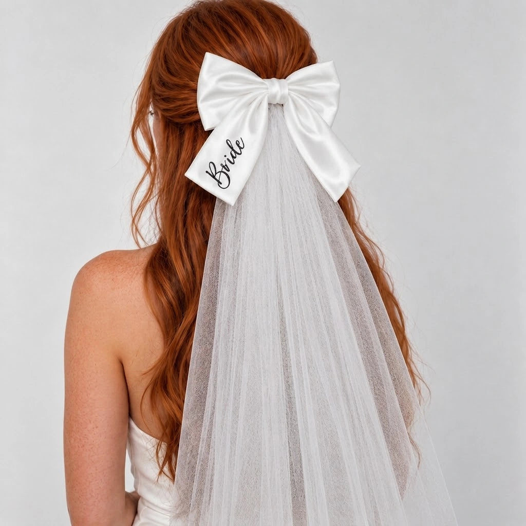 A red-haired bride wearing a white satin bow headband with a matching tulle veil. The headband has a white fabric tag that reads 'Bride' in black script.