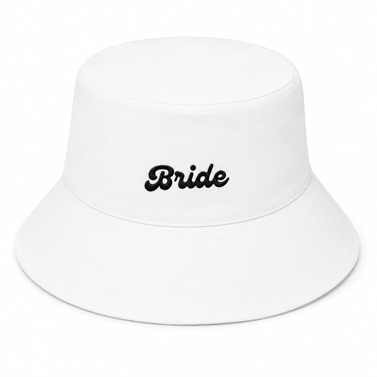 White bucket hat with black 'Bride' text