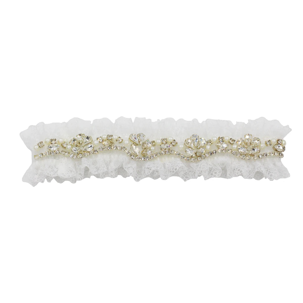 White lace garter with gold embellishments on a white background