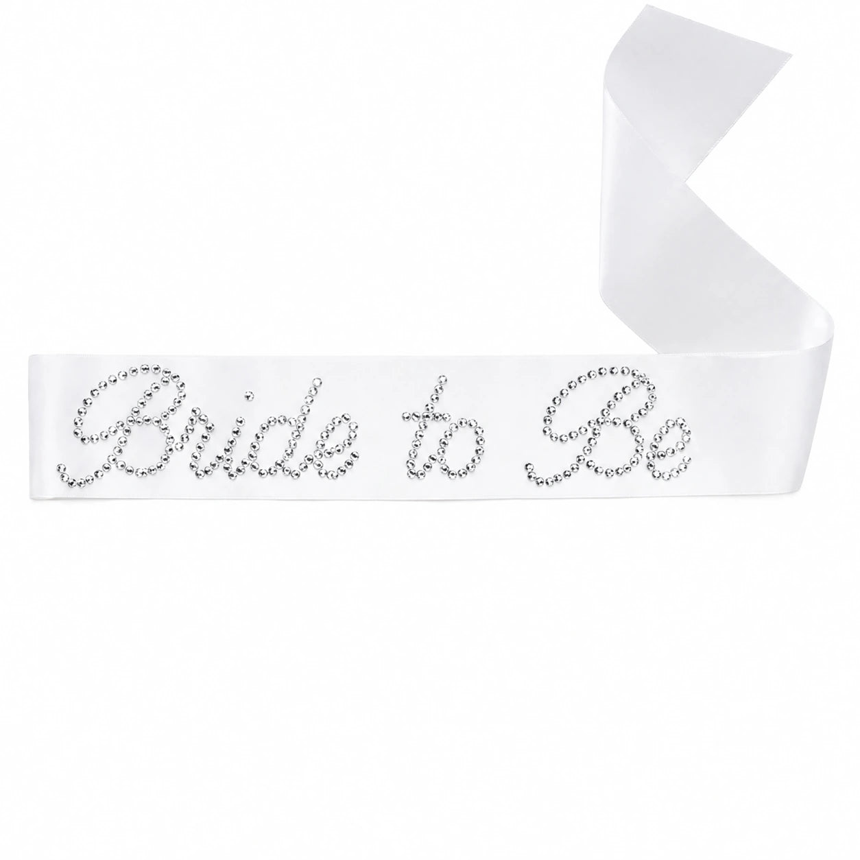 White satin bride-to-be sash with rhinestone lettering on a white background