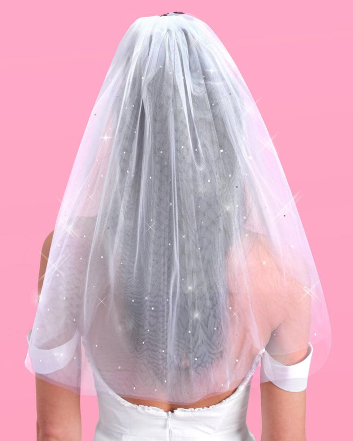 White rhinestone bridal veil for bachelorette party and bride to be outfit.