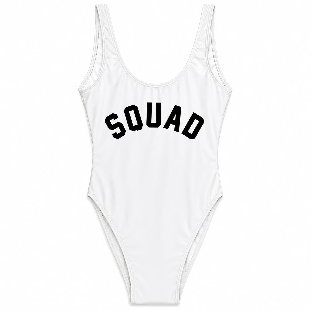 A white one-piece swimsuit with the word 'SQUAD' printed in black arched block letters across the chest, shown on a plain white background.