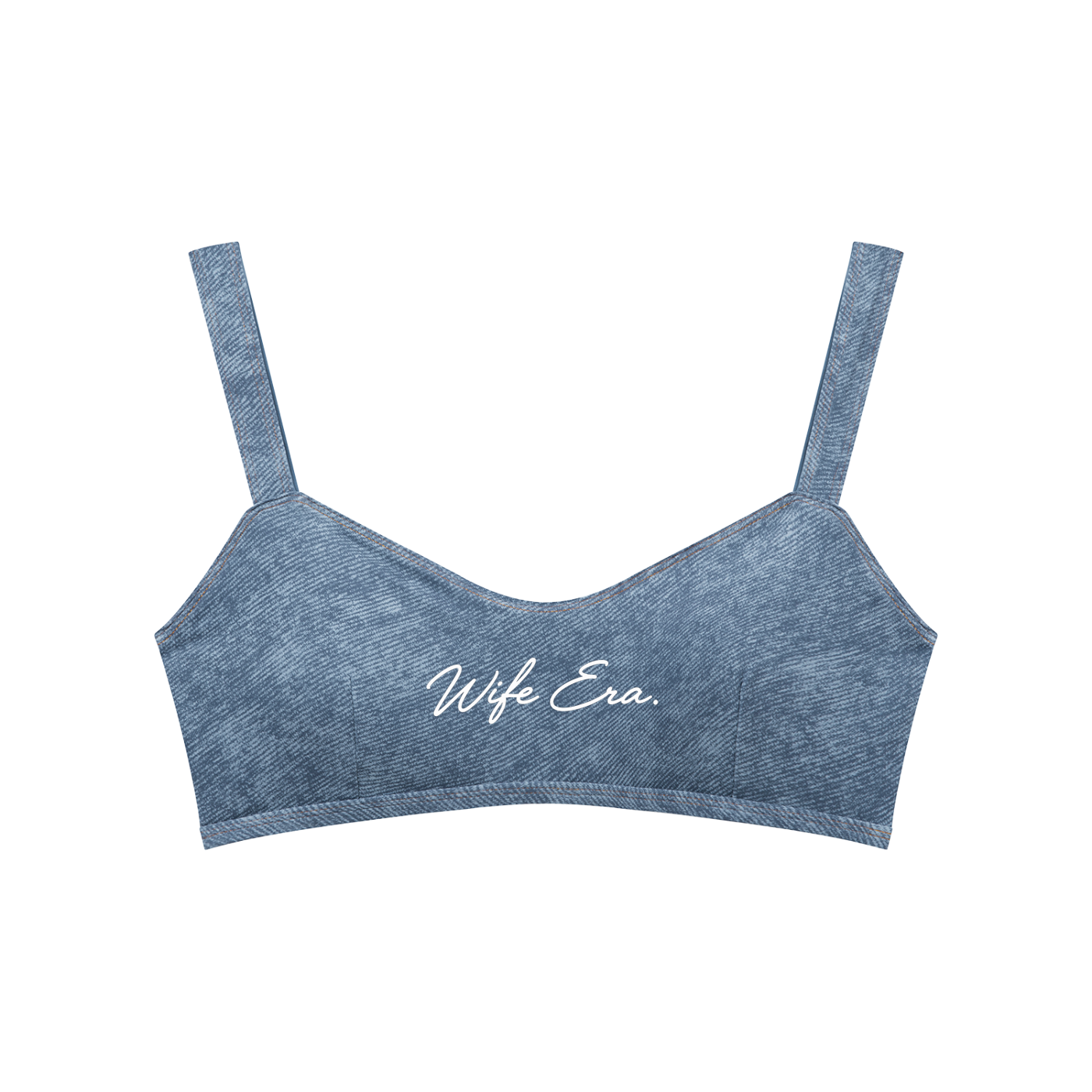A blue-gray textured bralette with thin shoulder straps and the words 'Wife Era.' printed in white script across the center, shown on a plain white background.